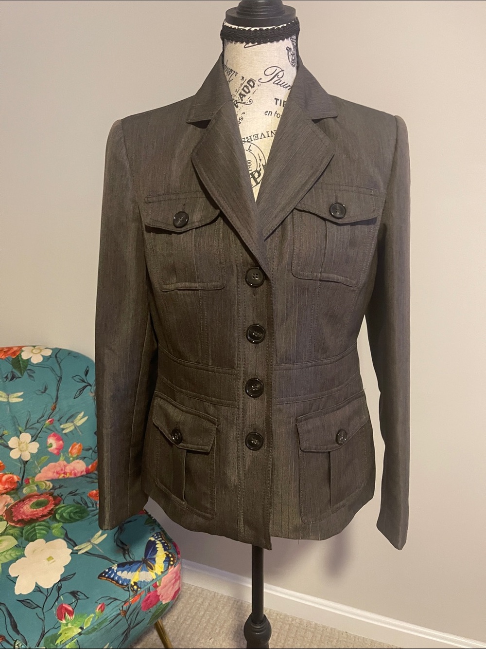 Kasper Olive-Brown Military-Inspired Button Front Blazer